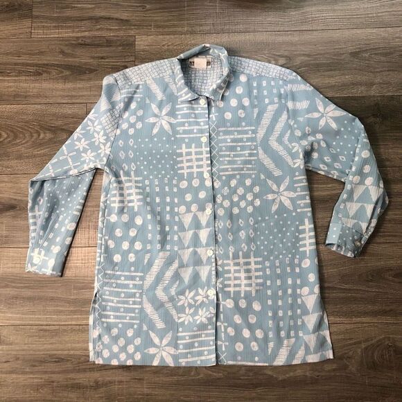 vintage peter popovitch women’s size M light blue white unique  print top - Picture 1 of 10